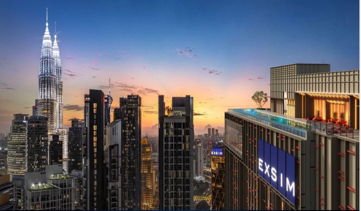 Rooftop sky deck and lounge at dusk