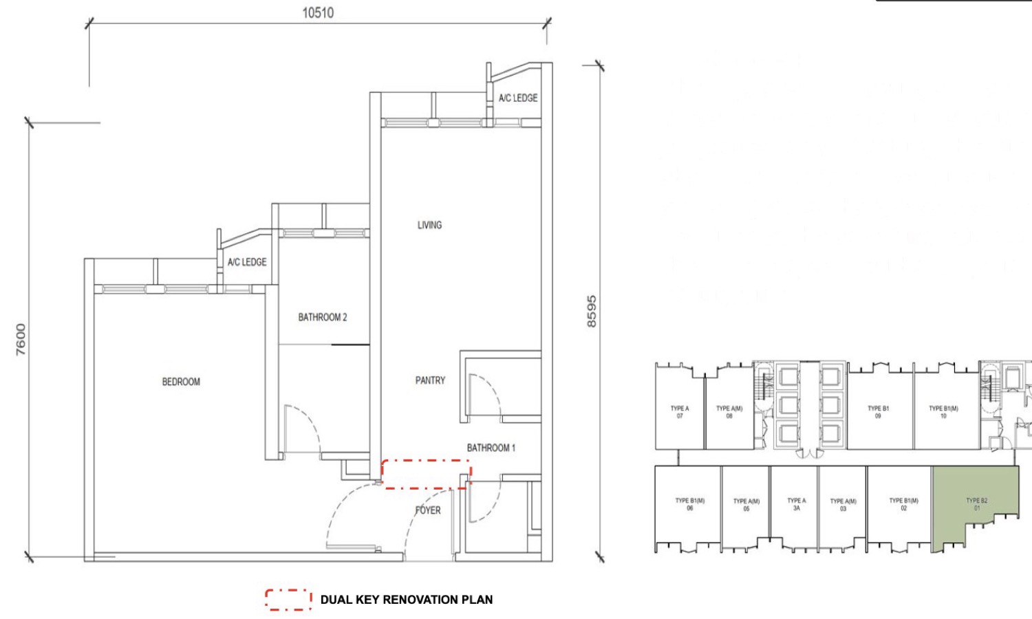 Type B2 678 sq.ft. 1-Room 2-Bath dual-key floor plan